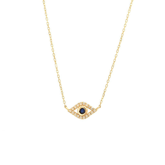 150N - 14KY Mini Evil Eye with Natural Sapphire Necklace - Length: (16+2″)